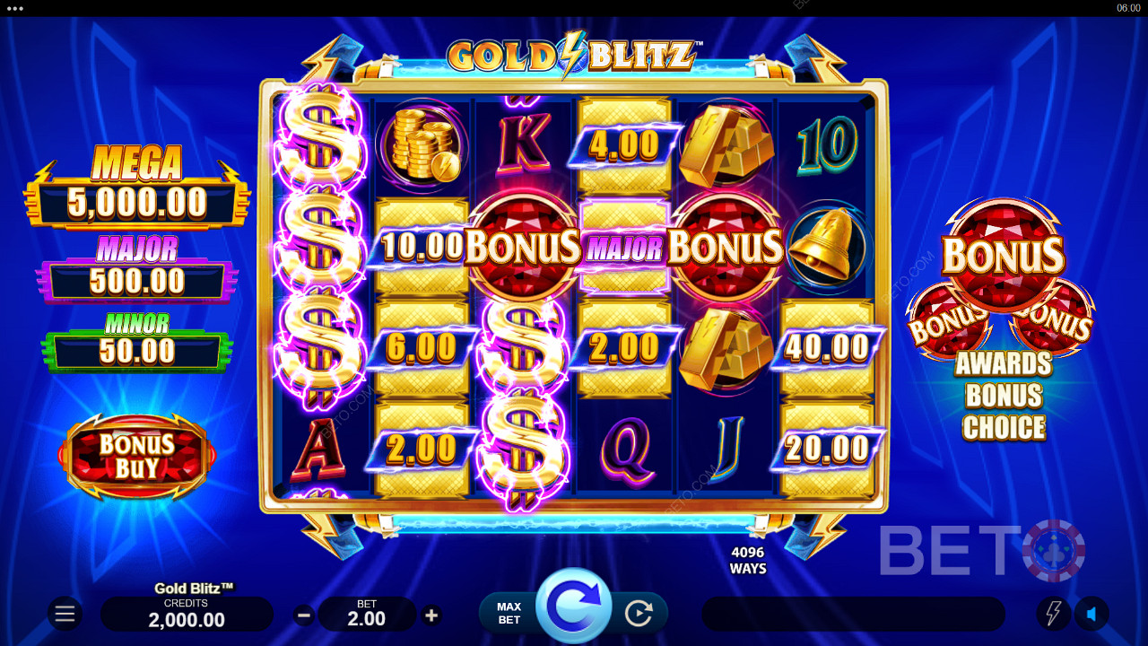 Nagrody pieniężne można wygrać w grze podstawowej na automacie Gold Blitz