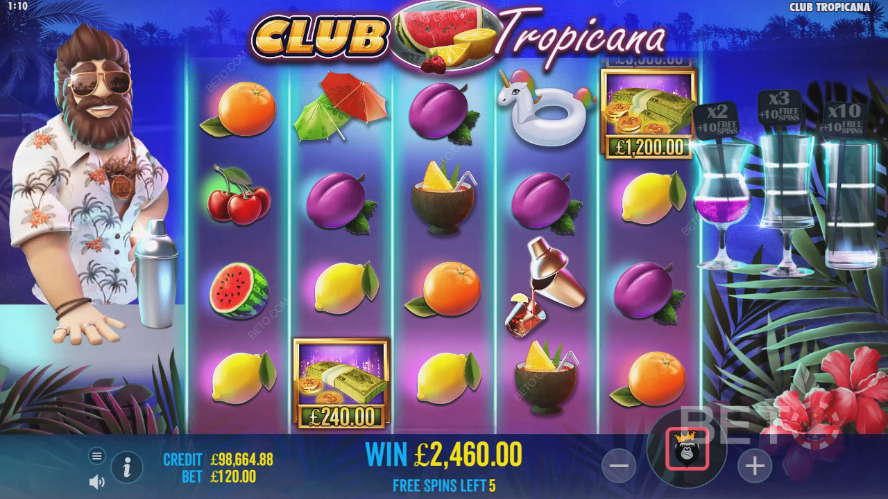 Uzyskaj możliwość zebrania symboli pieniędzy w darmowych obrotach na slocie Club Tropicana