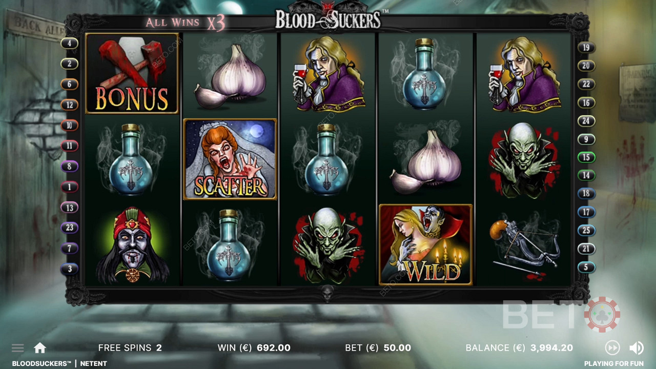 Wszystkie wygrane są potrajane w darmowych obrotach w grze slotowej Blood Suckers