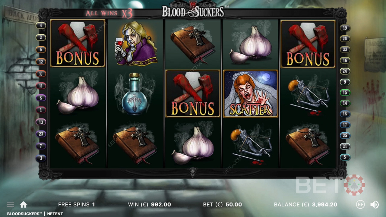 3 symbole bonusowe w odpowiednich pozycjach uruchamiają grę bonusową w slocie Blood Suckers