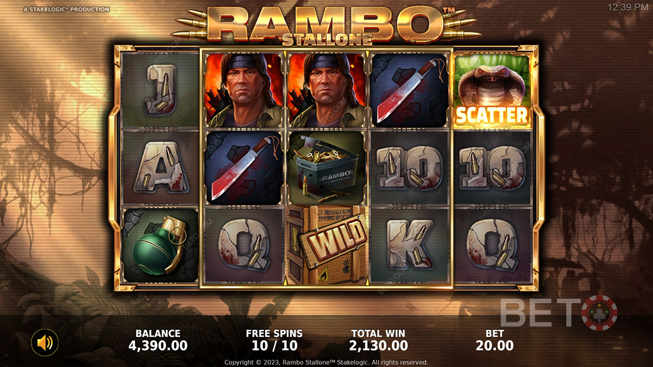 Ciesz się slotem opartym na kultowym filmie, grając na automacie Rambo
