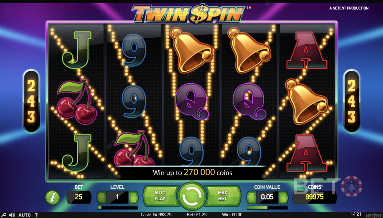 Twin Spin - Prosta rozgrywka z symbolami takimi jak dzwonki, wiśnie i inne symbole.