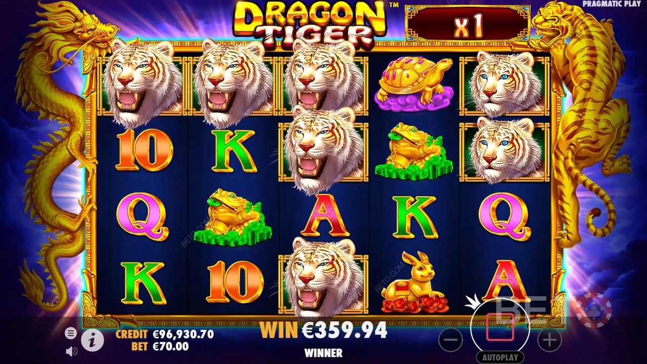 Mnożniki wchodzą do gry podczas bonusu darmowych obrotów w automacie online Dragon Tiger