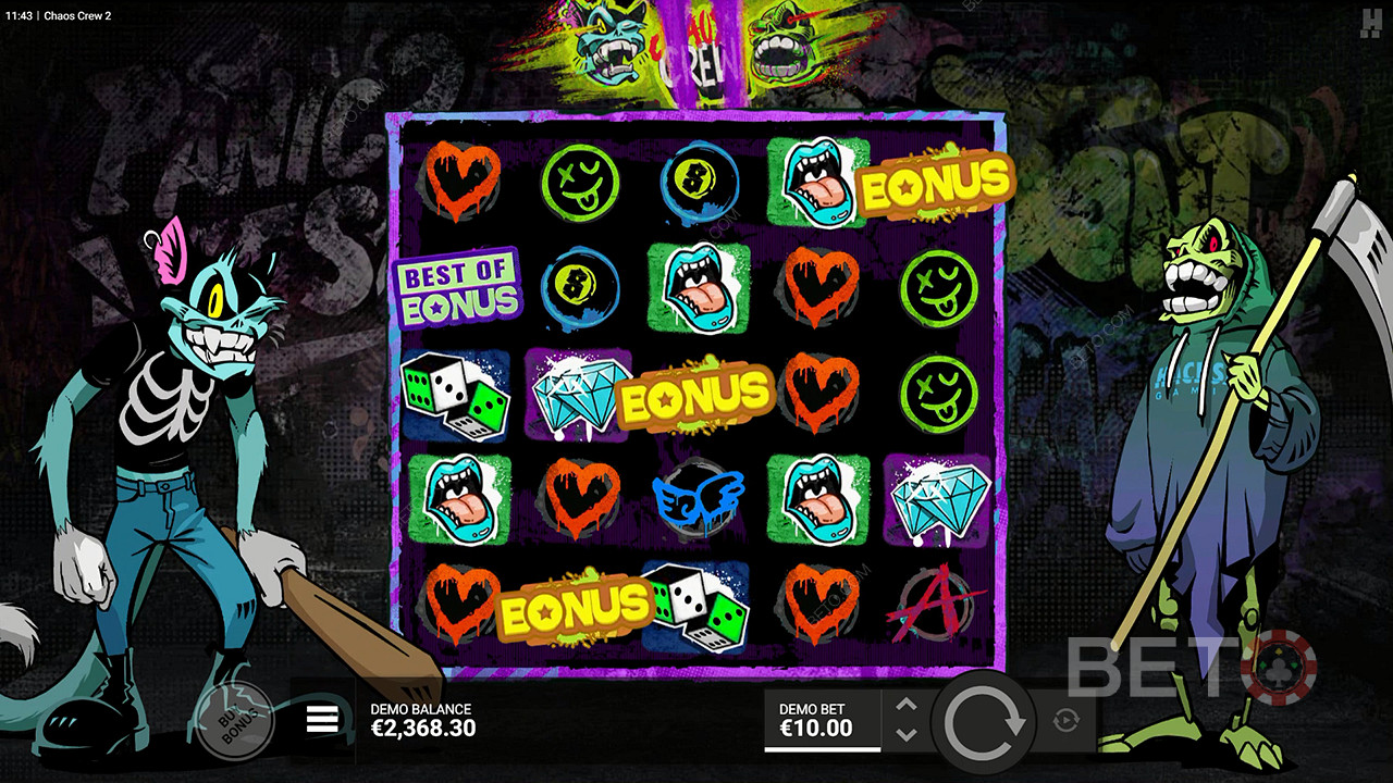 Uruchom grę bonusową po zatrzymaniu 3 symboli bonusowych na automacie online Chaos Crew 2