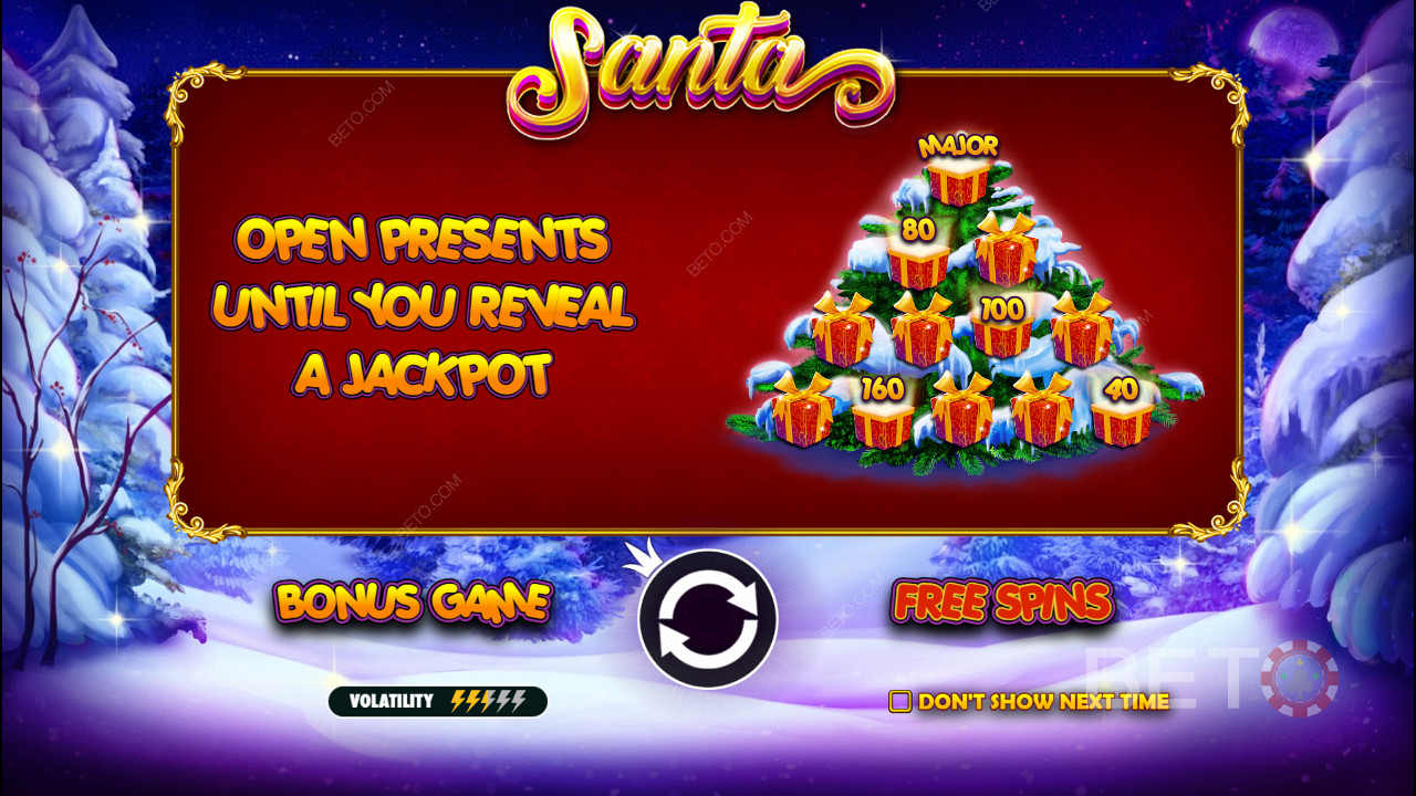 Gra bonusowa oferuje nagrody pieniężne i jackpoty w slocie online Santa