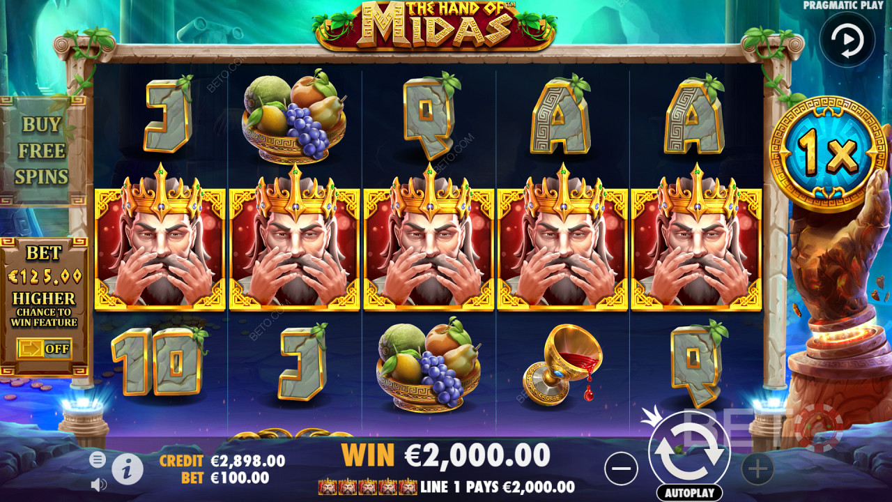 5 symboli króla Midasa przynosi duże zyski w slocie Hand of Midas Video Slot
