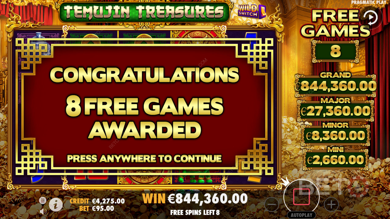 Funkcje bonusowe takie jak Lucky Wheel mogą wygrać darmowe spiny w grze Temujin Treasures.