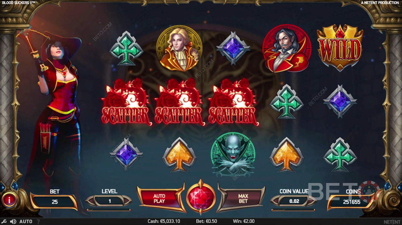3 symbole scatter uruchamiają rundę bonusową w grze Blood Suckers 2.