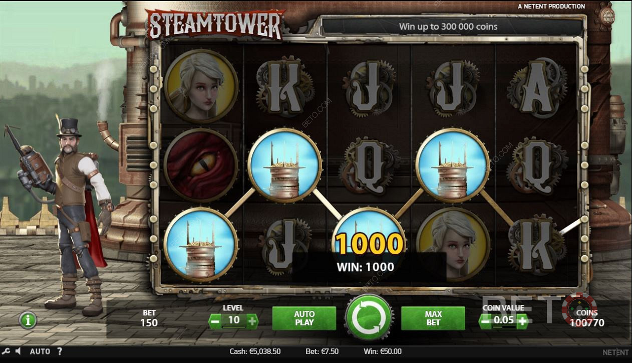 Pasujące symbole w grze slotowej Steam Tower