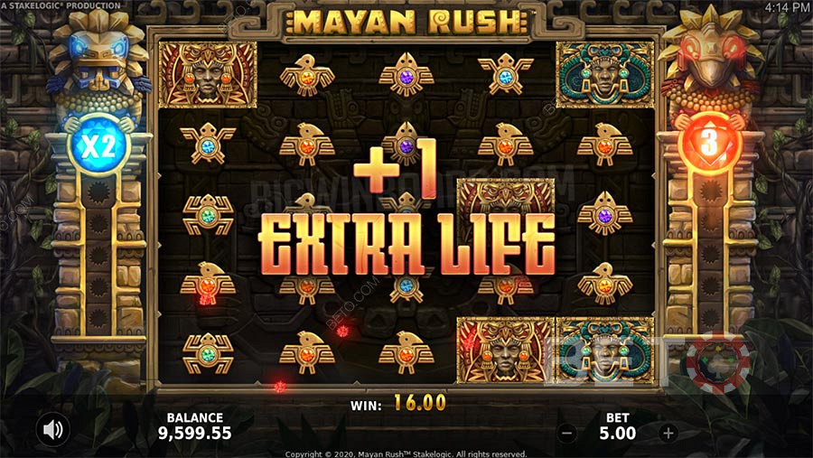 Funkcje bonusowe Mayan Rush obejmują Free Spins, mnożnik i funkcję gamble.