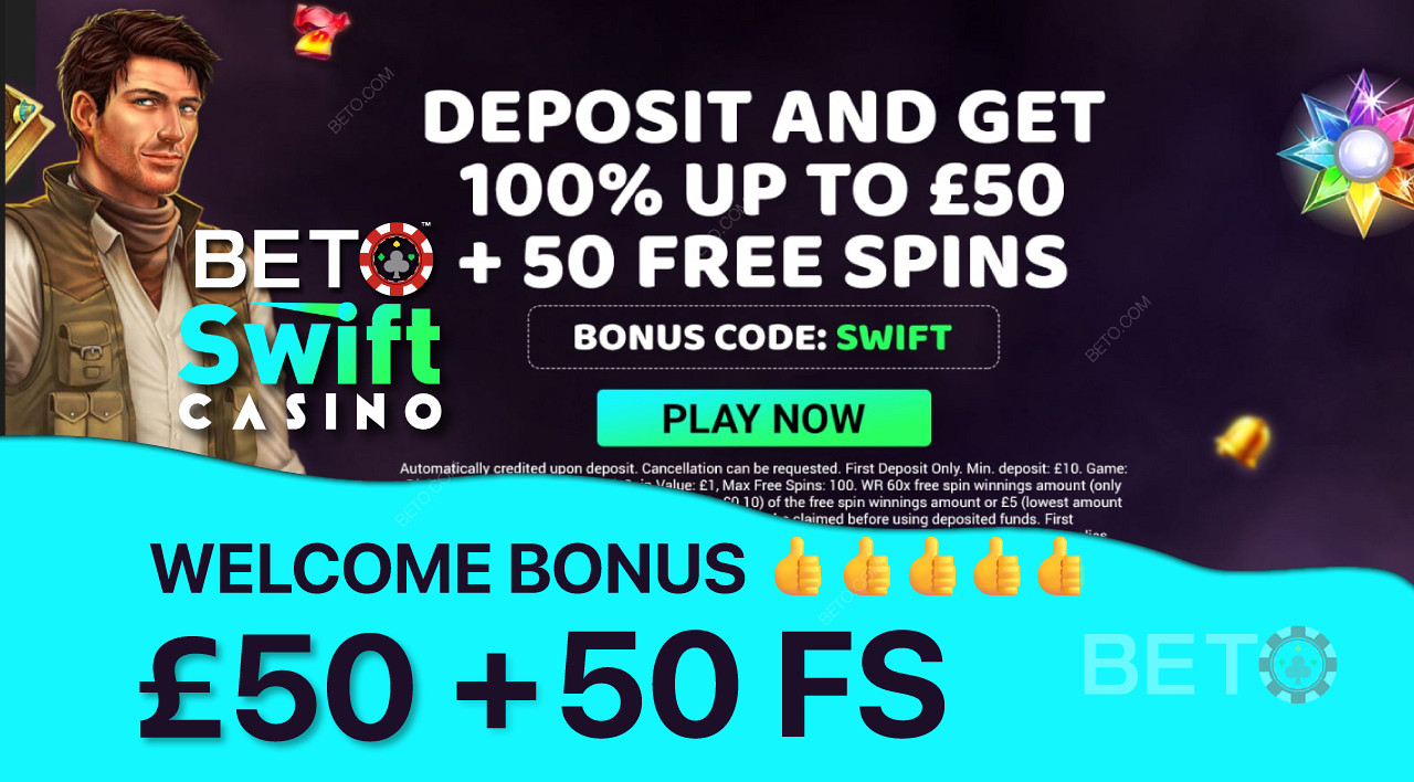 Zdobądź bonus 100% do 50 £ i 50 darmowych spinów jako bonus powitalny