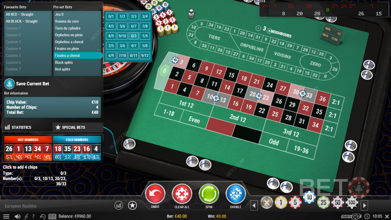 Specjalne opcje zakładów w grze European Roulette Pro Casino
