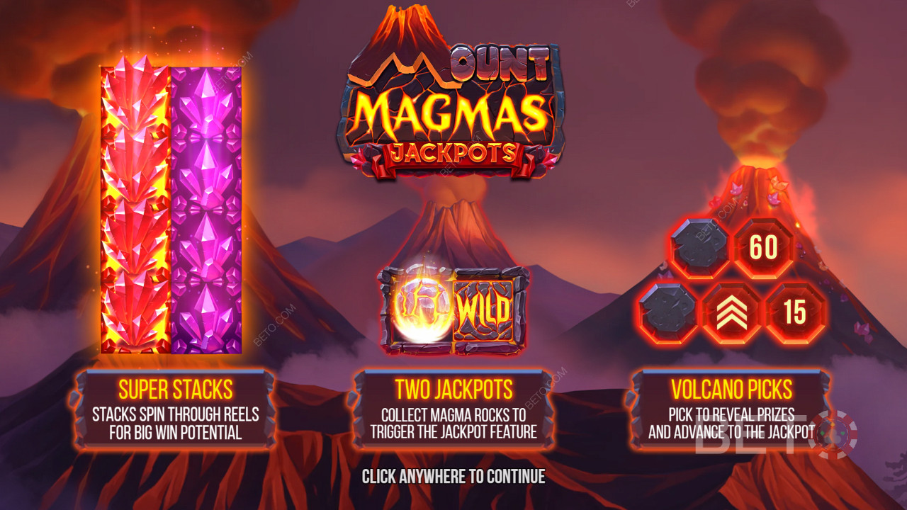 Ciesz się Super Stacks, 2 jackpotami i bonusem Volcano w slocie Mount Magmas.