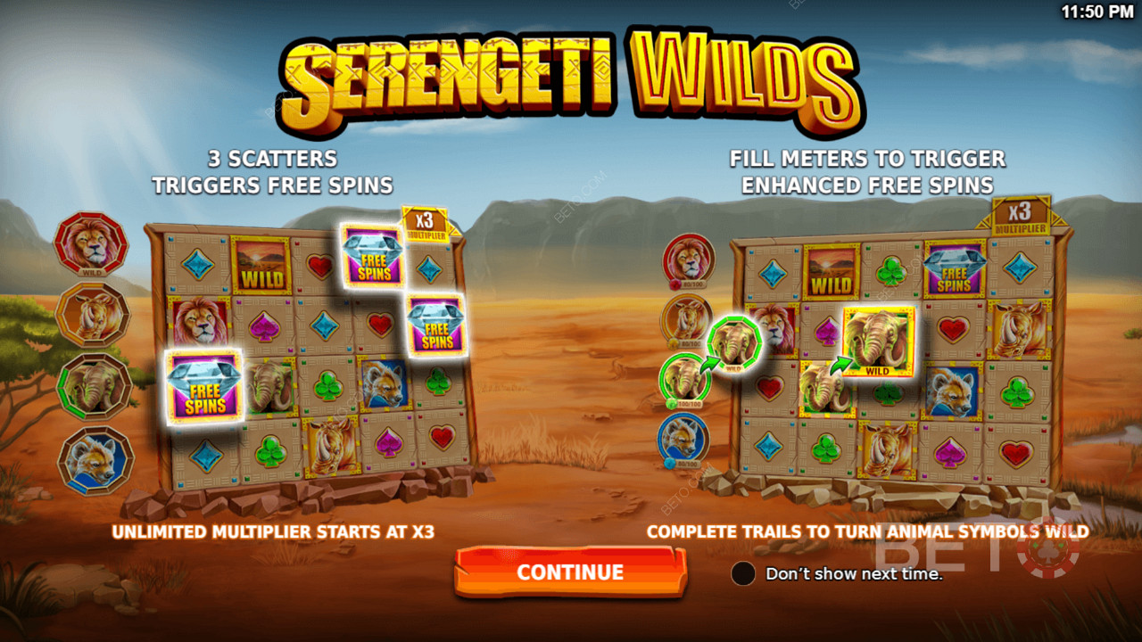 Ciesz się potężnymi funkcjami, takimi jak Free Spins i Enhanced Free Spins w slocie Serengeti Wilds.