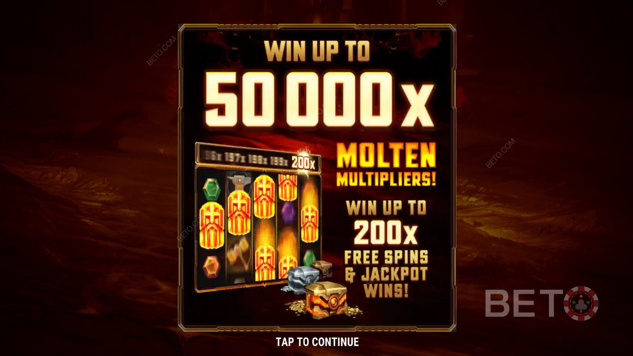 Ekran początkowy Fire Forge pokazuje 50,000x Jackpot.