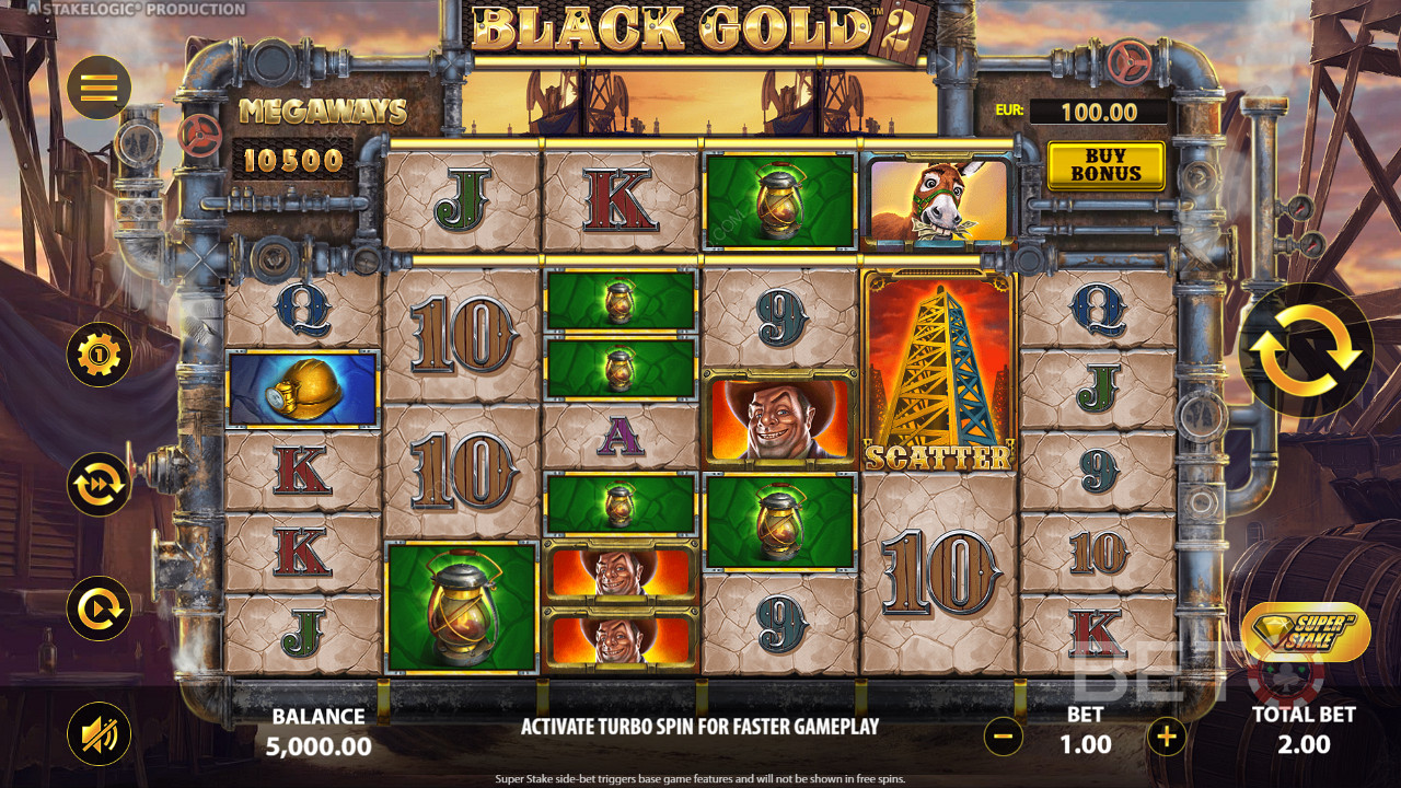 Wyląduj 3 lub więcej identycznych symboli, aby wygrać na slocie online Black Gold 2 Megaways.