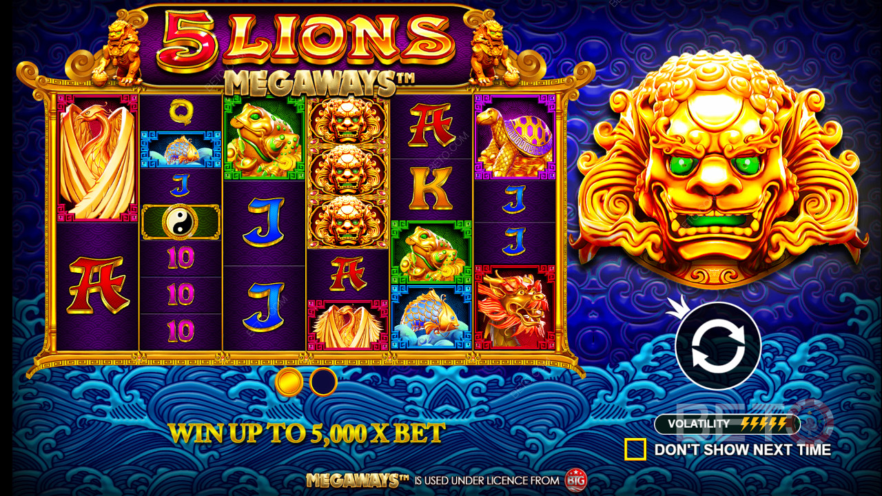 5 Lions Megaways slot - wysoka wygrana w jednym spinie to aż 5 000x stawka.