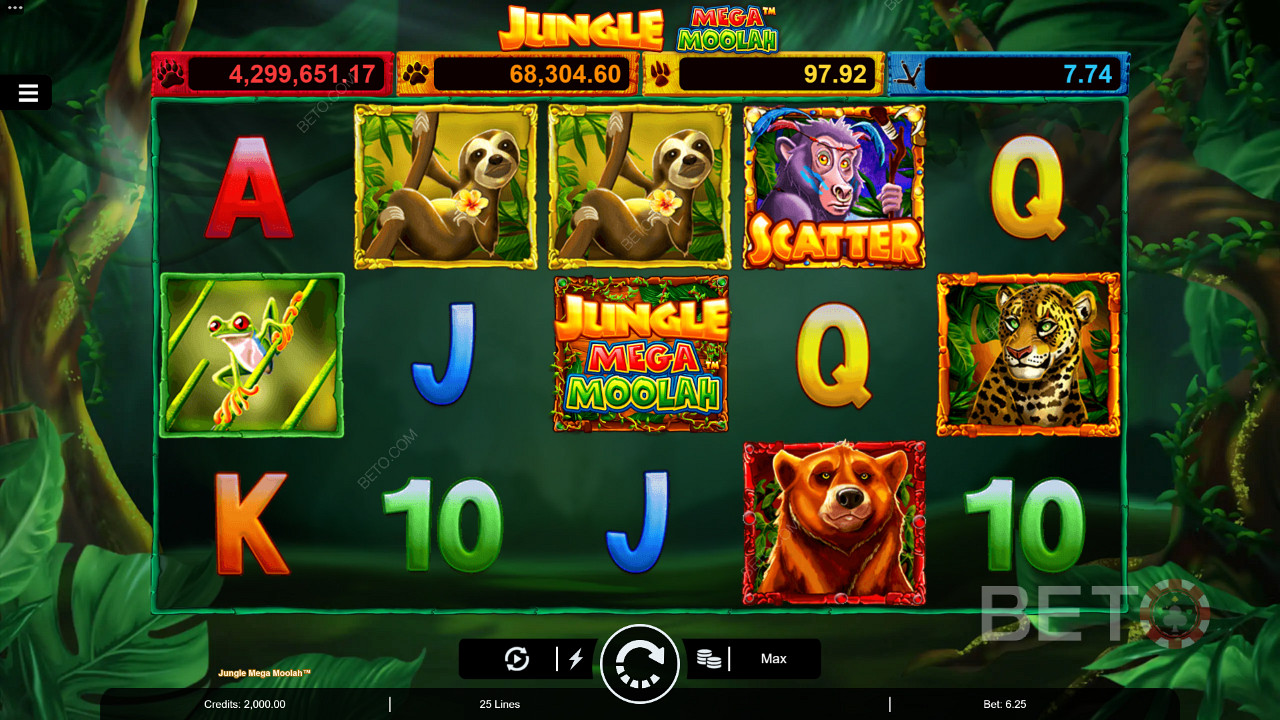 Ciesz się Wildami Multiplier, darmowymi spinami i czterema progresywnymi Jackpotami w slocie Jungle Mega Moolah.