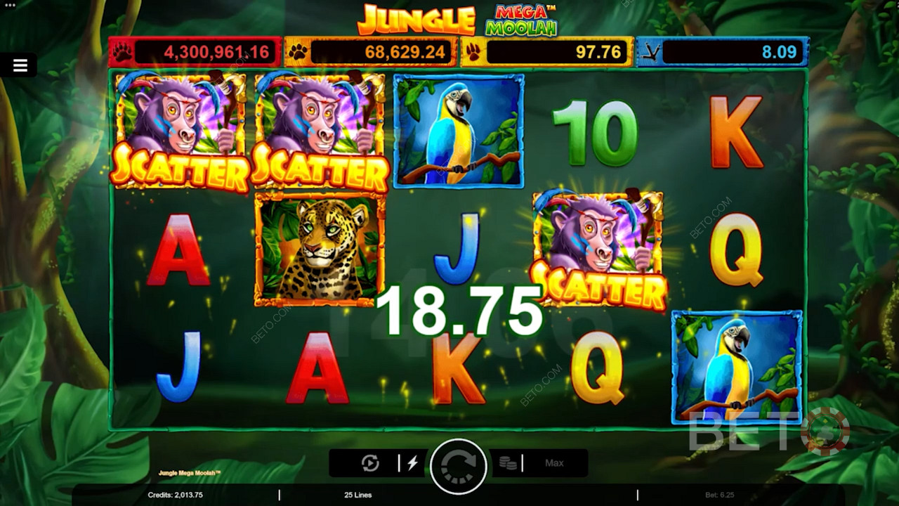 Wyląduj 3 małpami Scatter, aby uruchomić darmowe spiny w grze slotowej Jungle Mega Moolah.