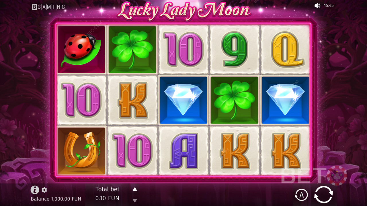 Oparty na motywach fantasy, slot Lucky Lady Moon wykorzystywał 10 stałych linii wypłat na siatce 5x3.