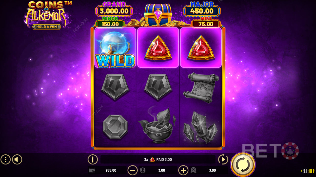 Funkcje bonusowe wyjaśnione w Coins of Alkemor - Hold & Win by Betsoft