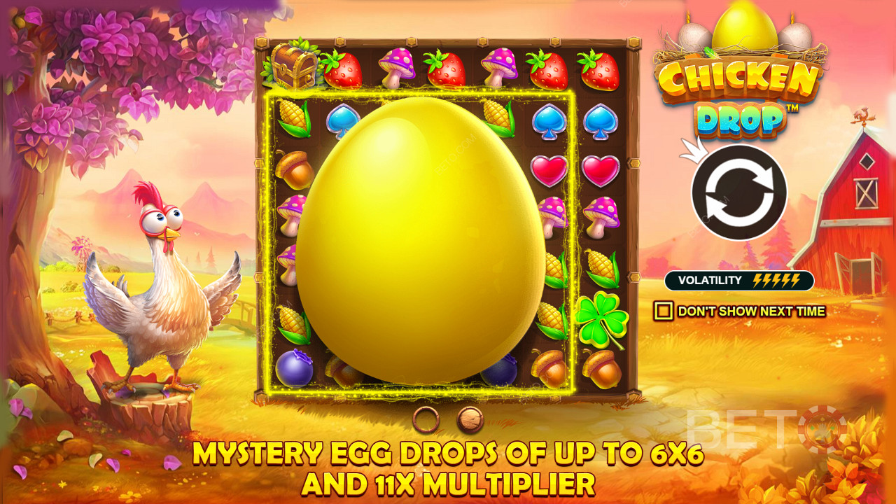 Ciesz się kroplami jaj z multipliers i większymi rozmiarami w slocie online Chicken Drop.