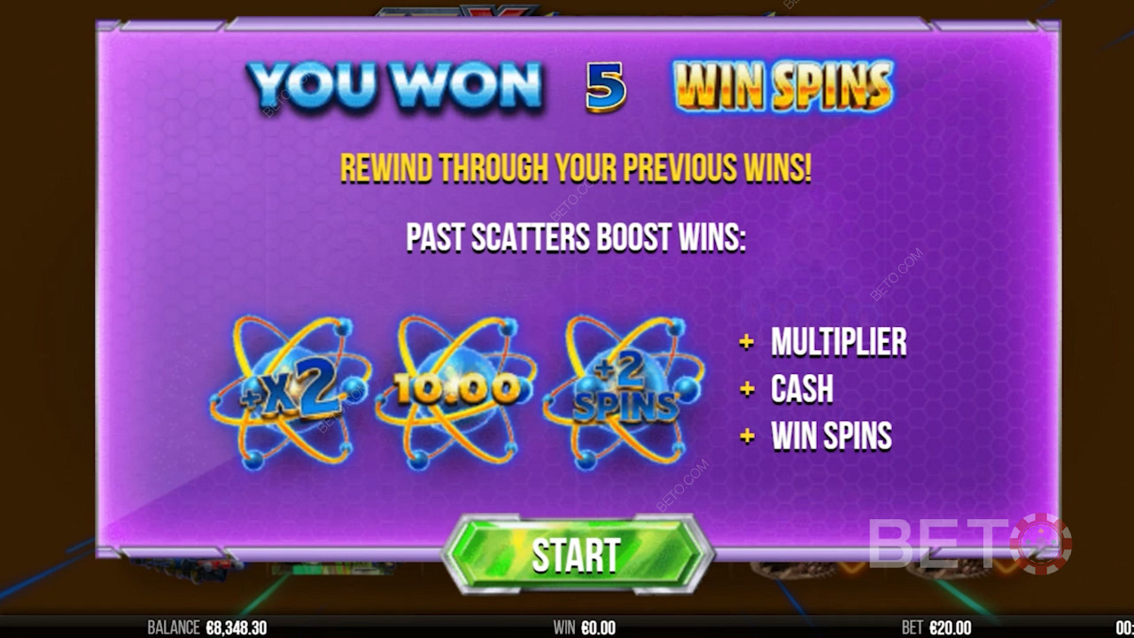 Ekran początkowy 10x Rewind pokazuje informacje związane z bonusem Free Spins.
