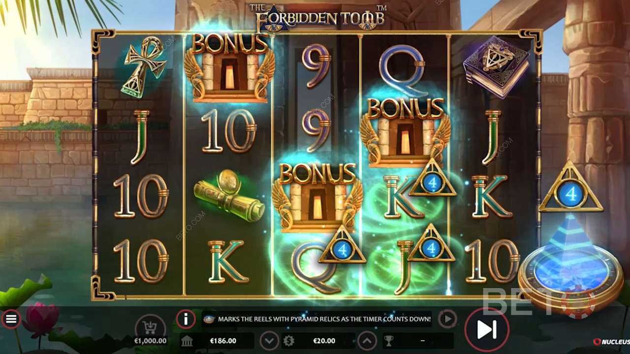 Uruchom darmowe obroty z 5 do 10 symbolami Wild w grze wideo The Forbidden Tomb by Nucleus Gaming