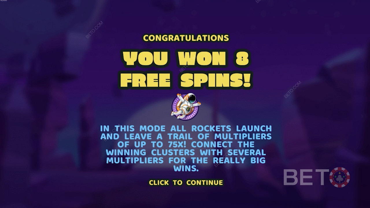 Wylądowanie 3 symboli Spaceman uruchamia tryb gry Free Spins w tym automacie.