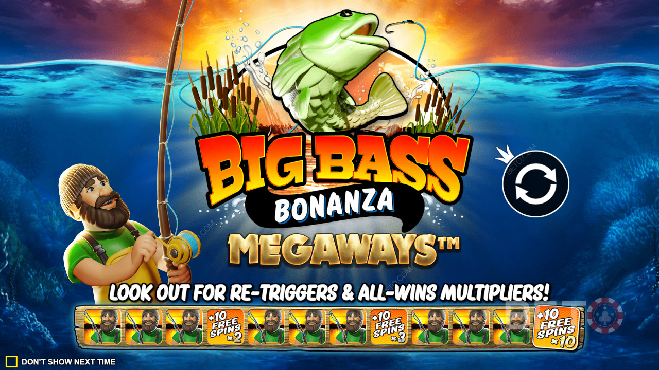 Ciesz się retriggerami darmowych spinów z multiplikatorami wygranych w slocie Big Bass Bonanza Megaways.