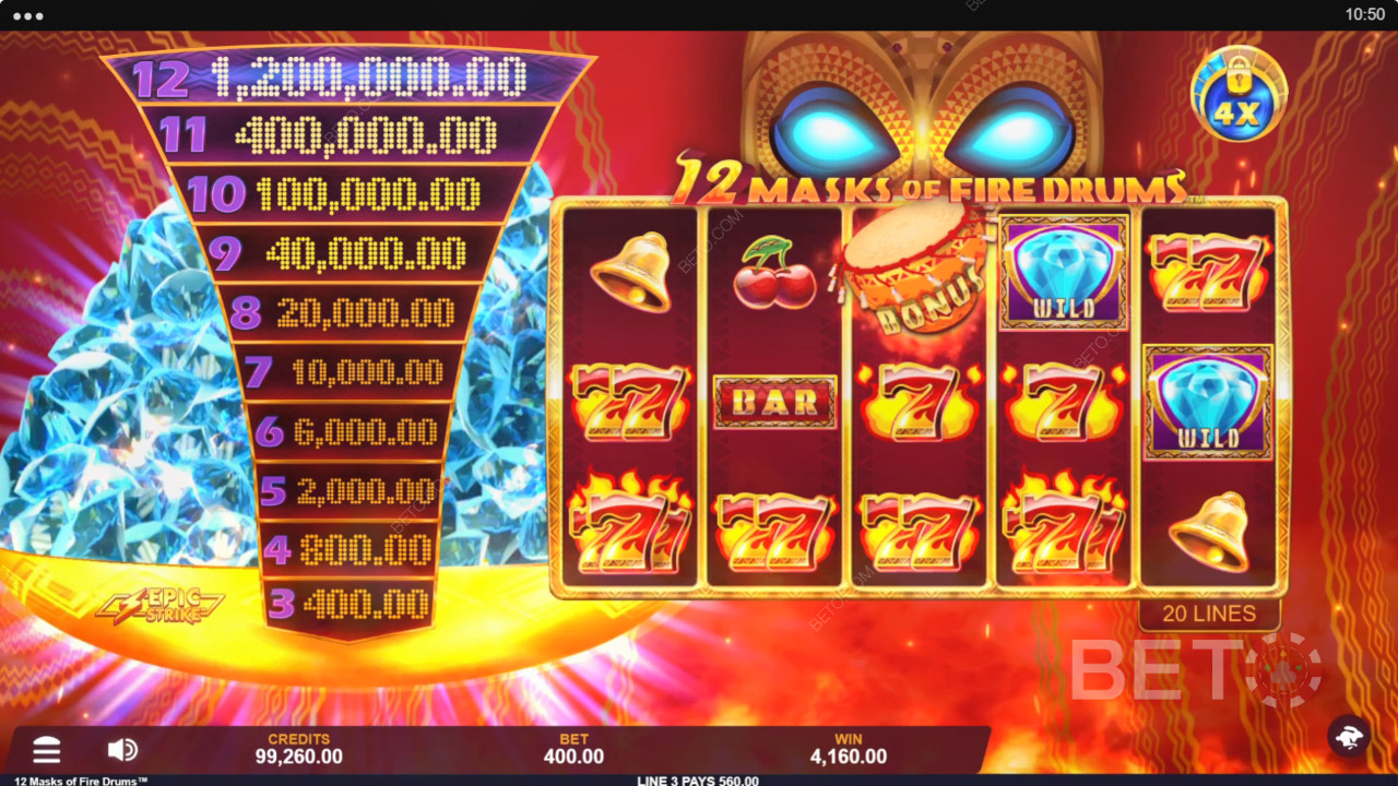 Recenzja 12 Masks of Fire Drums od BETO Slots