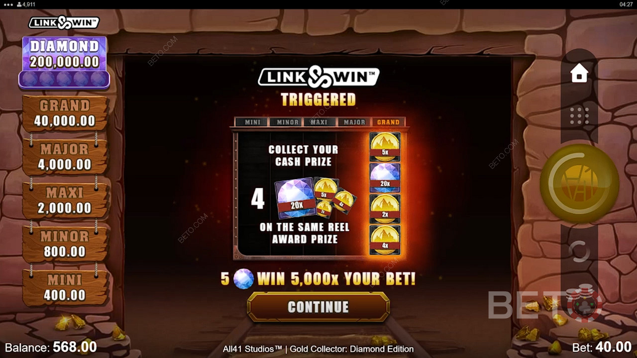 Aktywuj funkcję Link Win poprzez wylądowanie 3 lub więcej monet i diamentów.