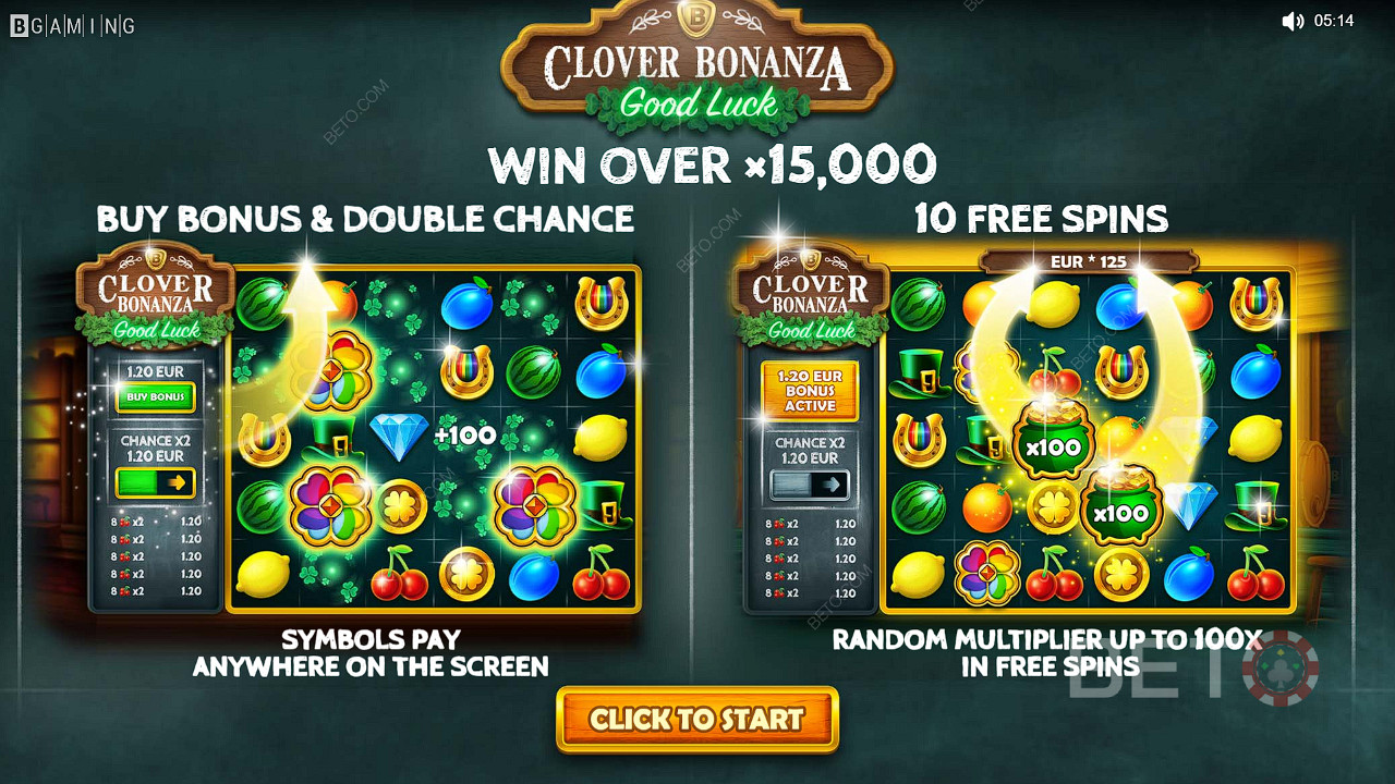 Ciesz się funkcjami Buy Bonus, Double Chance i Free Spins w slocie Clover Bonanza.