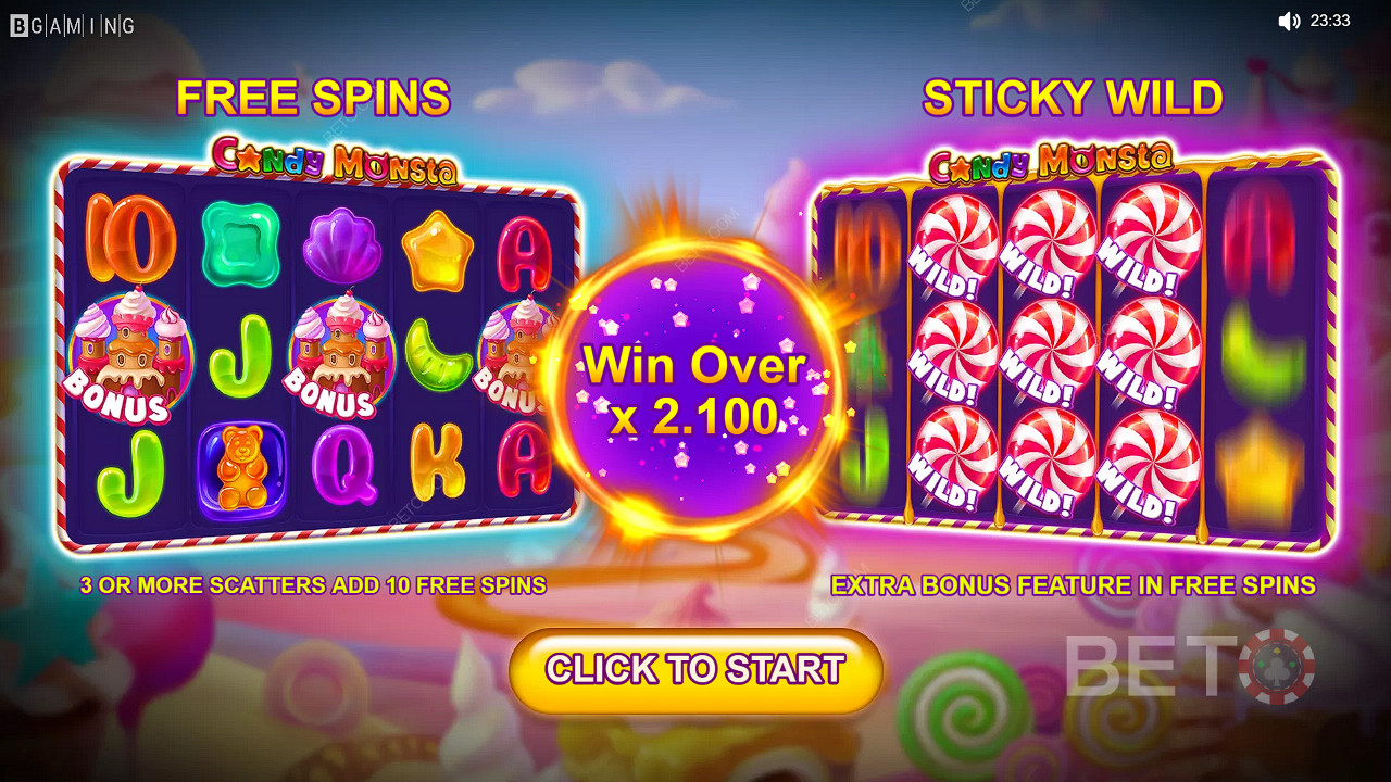 Zagraj na automacie Candy Monsta już teraz, aby wygrać nagrody pieniężne o wartości 1 000-krotności całkowitego zakładu.