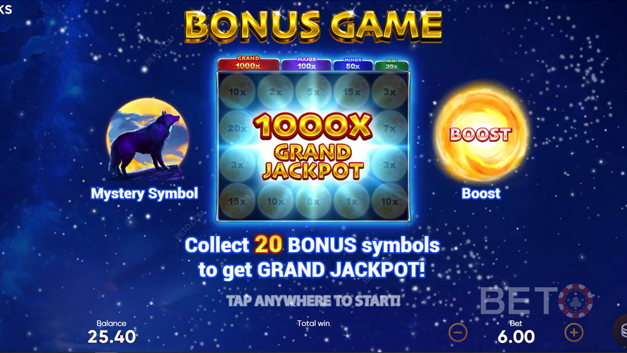 Zbierz 20 symboli bonusowych w grze bonusowej, aby odblokować wielkiego jackpota