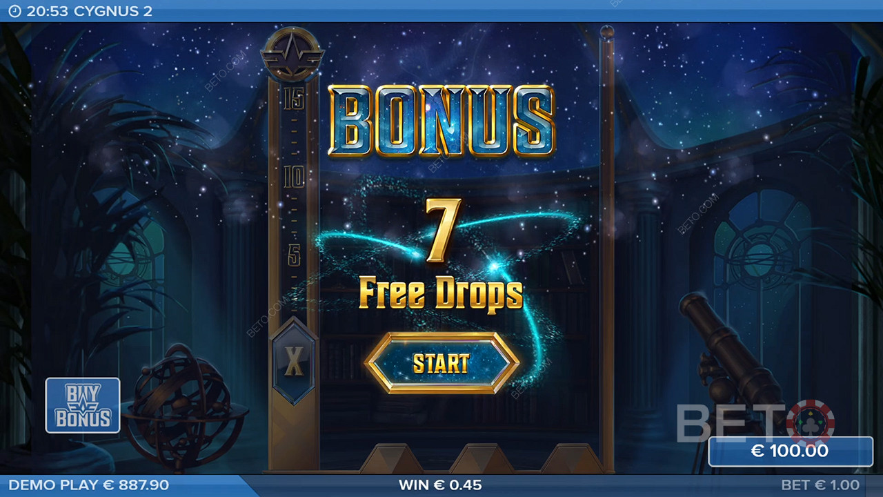 Uruchomisz 7 Free Drops, gdy symbol bonusowy wyląduje na lewym bębnie.