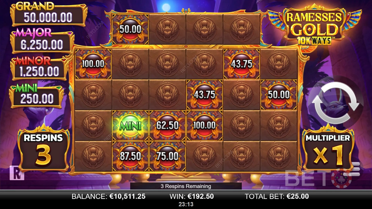 Wygraj 9,065x swój zakład na automacie Ramesses Gold 10K Ways!