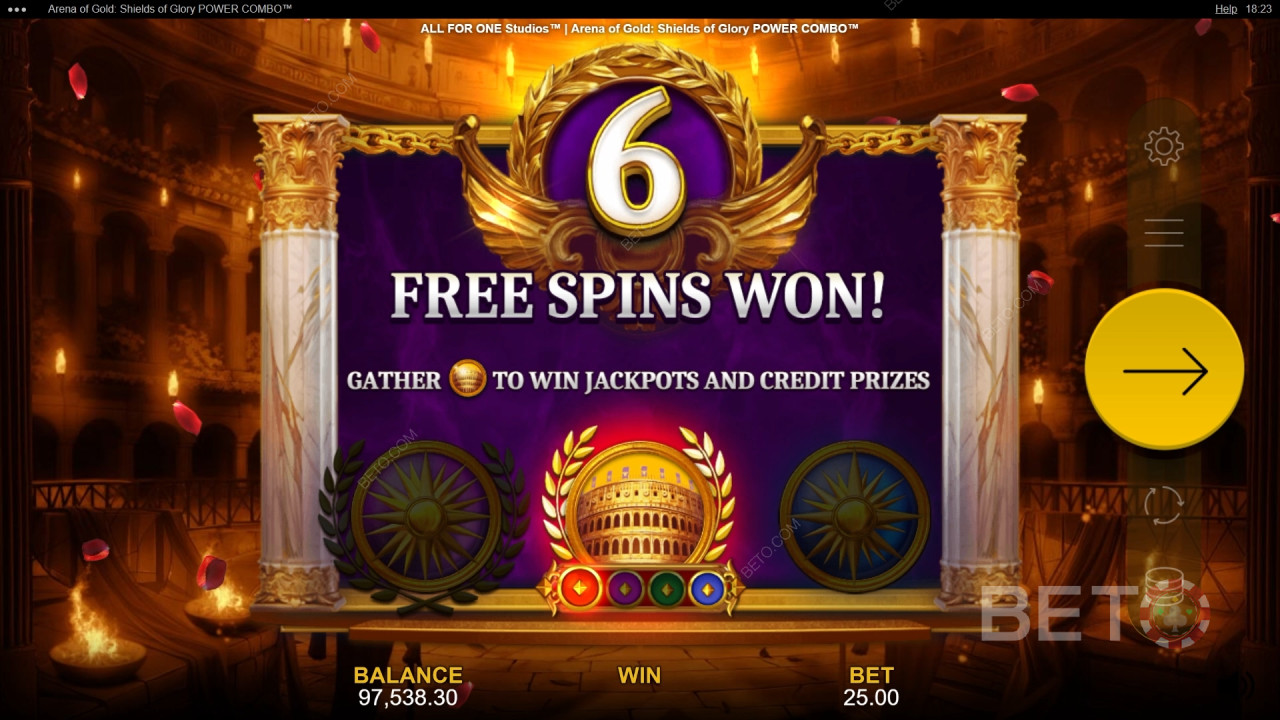 Funkcje bonusowe wyjaśnione w Arena of Gold: Shields of Glory Power Combo od All For One Studios