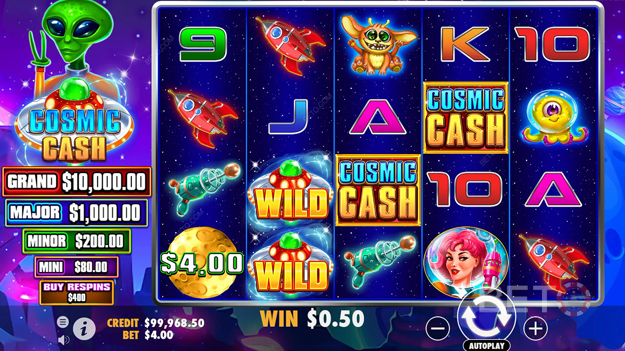 W grze podstawowej na slocie Cosmic Cash znajduje się mnóstwo symboli Wild.