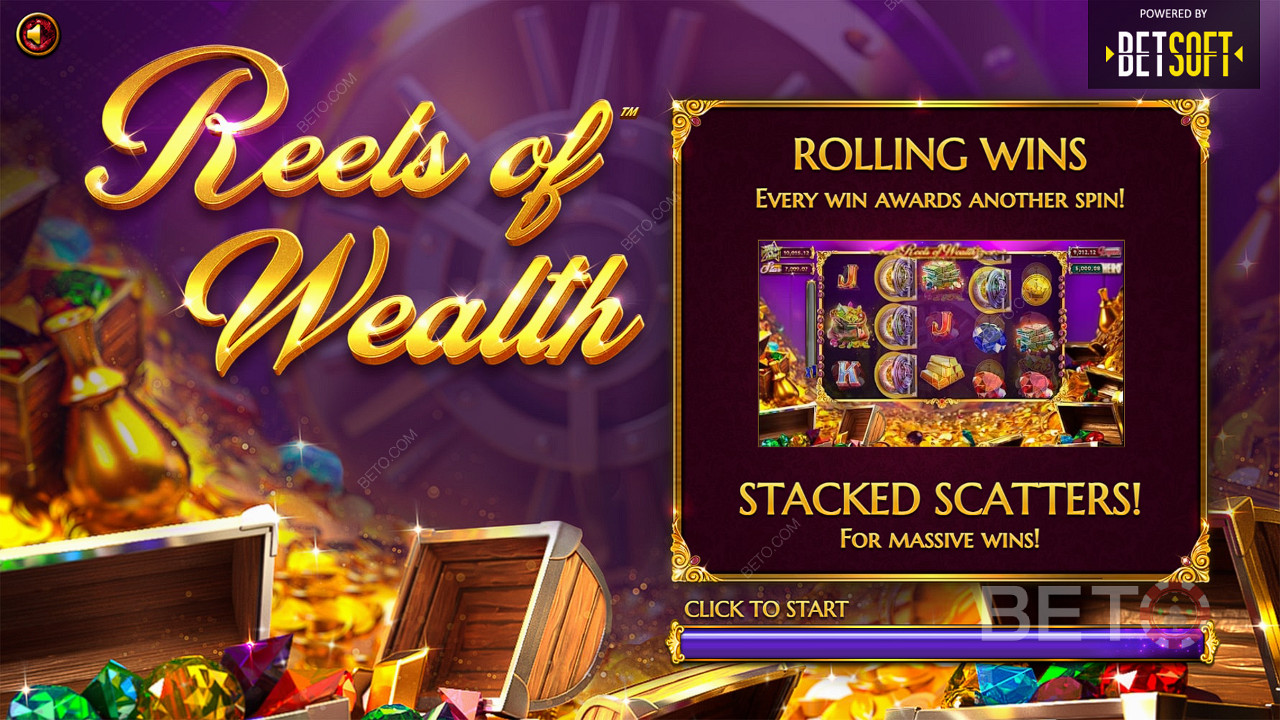 Funkcje takie jak Rolling Wins i Scatter Pays uzupełniają się wzajemnie w automacie Reels of Wealth