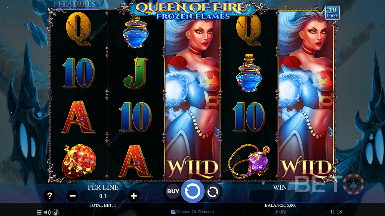 Rozszerzające się symbole Wild w grze podstawowej na slocie Queen of Fire - Frozen Flames