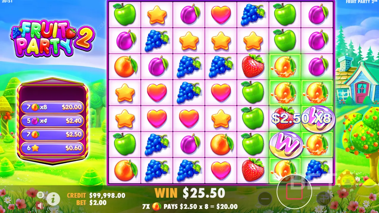 Błyszcząca grafika i radosna muzyka zapraszają do gry slotowej Fruit Party 2